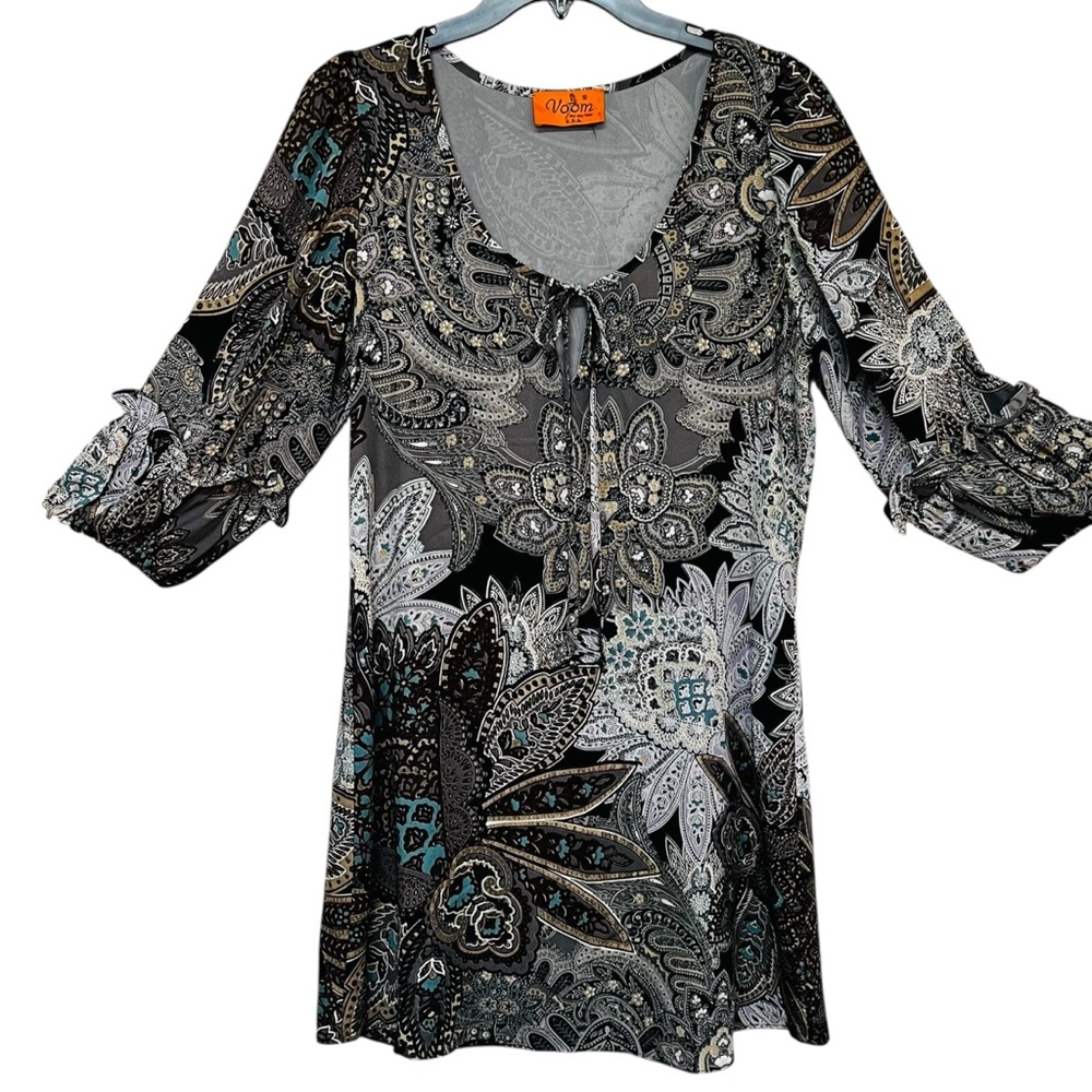 Voom by Joy Han Paisley Ruffled Sleeve Knee Length Dress Size Small
